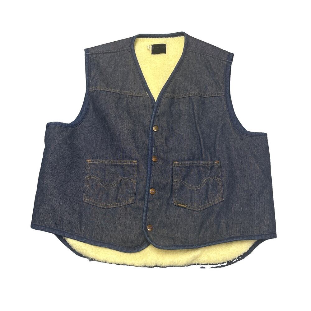 Vintage Sears Roebuck Sherpa Lined Denim Trucker Vest Sz XL Snaps Pockets 70’s